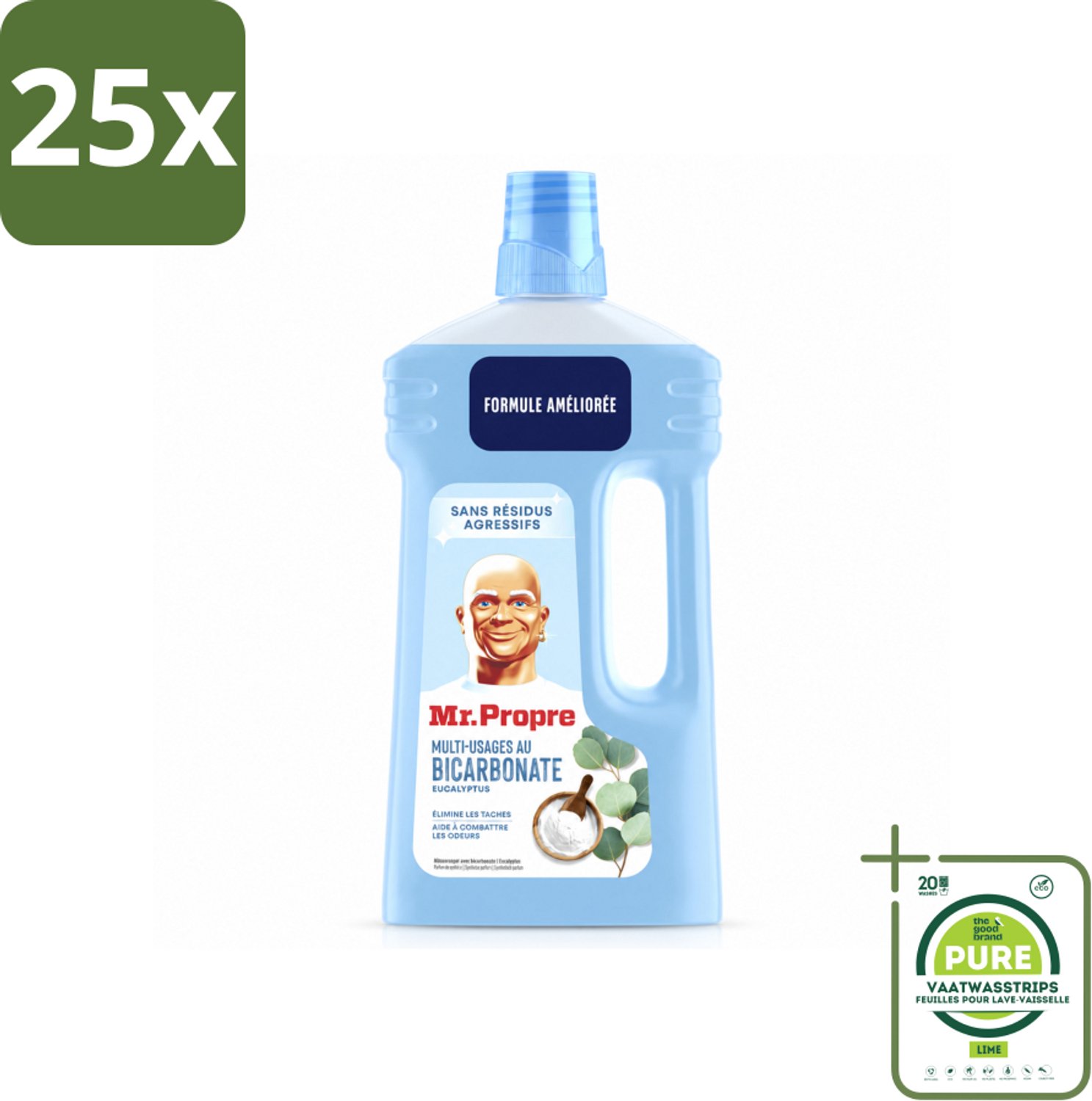 25 x Mr. Propre – Allesreiniger – Bicarbonaat & Eucalyptus – 1000 ml - Grootverpakking - Vaatwasstrips - Allesreiniger - Bicarbonaat - Eucalyptus - Reinigen - Vuil Verwijderen