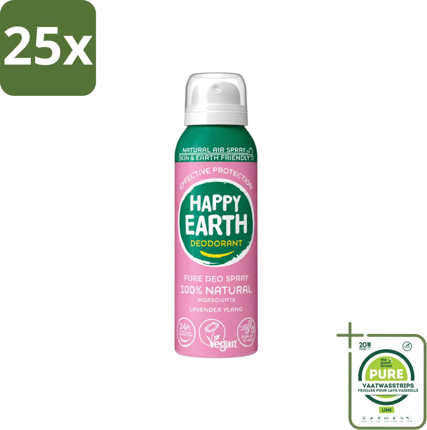 25 x Happy Earth – Deodorant Spray – 100% Natuurlijk Lavender Ylang – 100 ml - Grootverpakking - Vaatwasstrips - Natuurlijke Deodorant Spray - Luchtdeodorant - Frisse Geur - Lavendel - Ylang-ylang