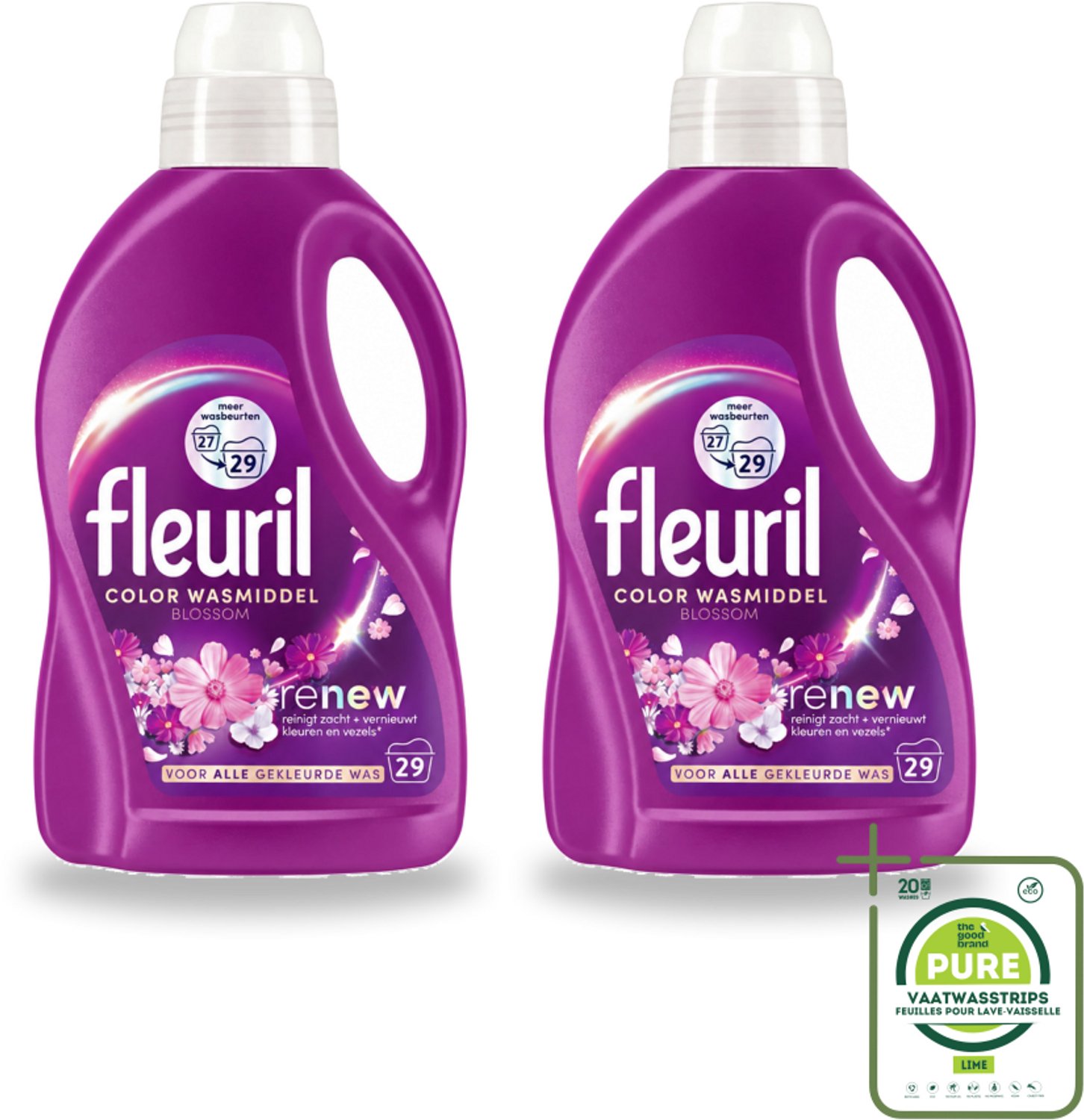 2 x Fleuril – Wasmiddel - Color Blossom – 29 wasbeurten – 1,305 L - Grootverpakking - Vaatwasstrips - Kleurbehoud - Wasmiddel Voor Gekleurde Kleding - Wasmiddel Voor Gekleurde Stoffen - Wasmiddel Met Bloesemgeur - Wasmiddel Voor Delicate Stoffen
