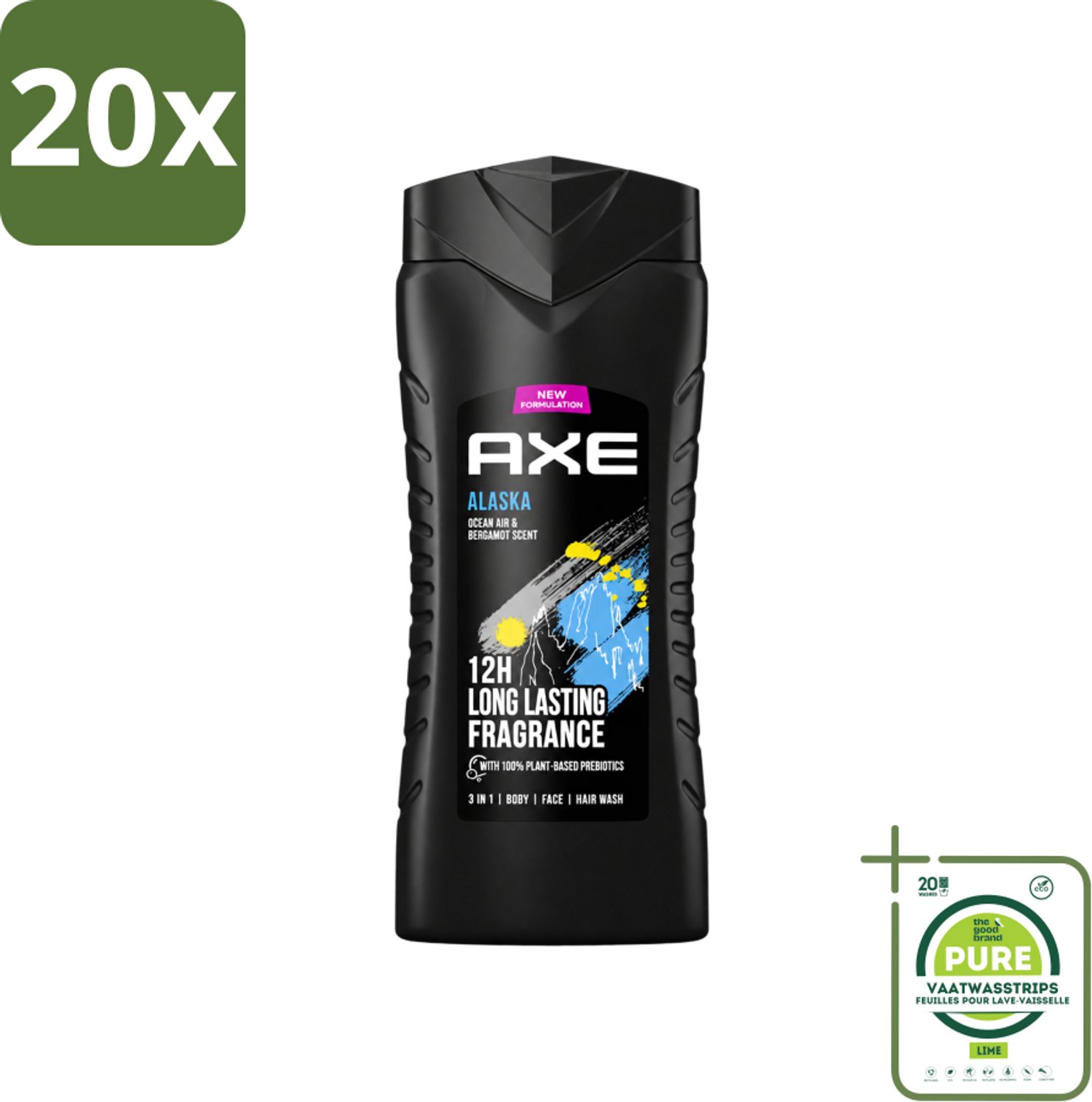 20 x Axe XL - 3-in-1 Douchegel - Alaska - Ocean Air & Bergamot - 12hrs Long Lasting Scent - 400 ml - Grootverpakking - Vaatwasstrips - Douchegel - Oceaanlucht - Bergamot - Frisheid - 3-in-1