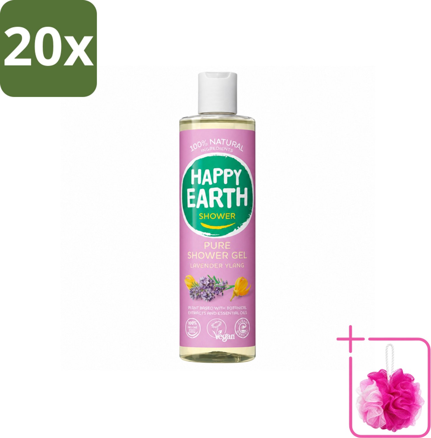 20 x Happy Earth – Douchegel – 100% Natuurlijk Lavender Ylang – 300 ml - Bulkverpakking - Douche gel - Douchemop - Natuurlijke douche
