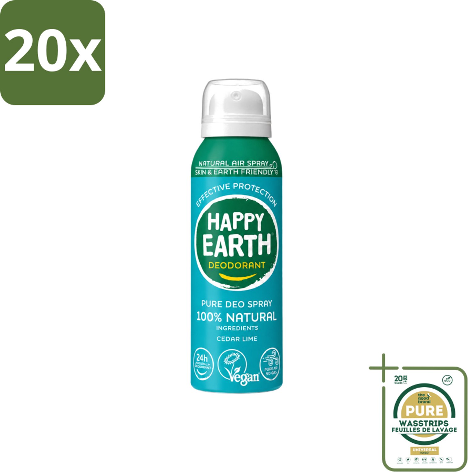 20 x Happy Earth – Deodorant Natural Air Spray – 100% Natuurlijk Cedar Lime – 100 ml - Wasstrips - 100% Natuurlijke Deodorant - Ceder En Limoen - Frisse Geur - Anti-perspirant - Huidvriendelijk
