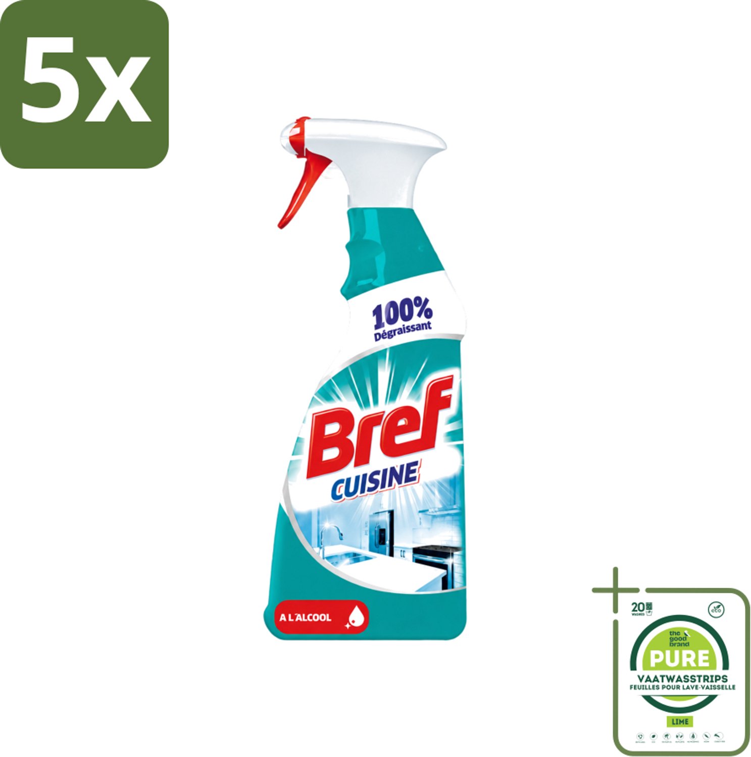 5 x Bref Keuken - Reinigingsspray - Ontvetter - Met Alcohol - 750 ml - Grootverpakking - Vaatwasstrips - Keuken Reinigen - Ontvetter - Keuken Spray - Werkblad Reinigen - Keuken Hygiëne