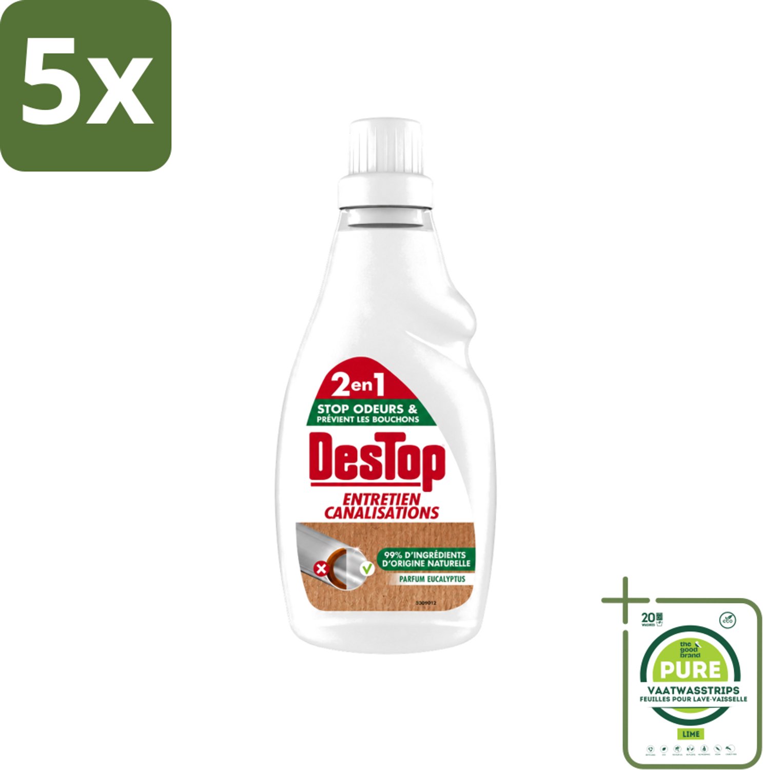 5 x DesTop - Onderhoud Leidingen - Ecologisch met Witte Azijn - Natuurlijke Ingrediënten - Eucalyptusgeur - 750 ml - Grootverpakking - Vaatwasstrips - Leidingen Onderhouden - Ecologisch Onderhoud - Witte Azijn - Natuurlijke Reiniging - Eucalyptusgeur