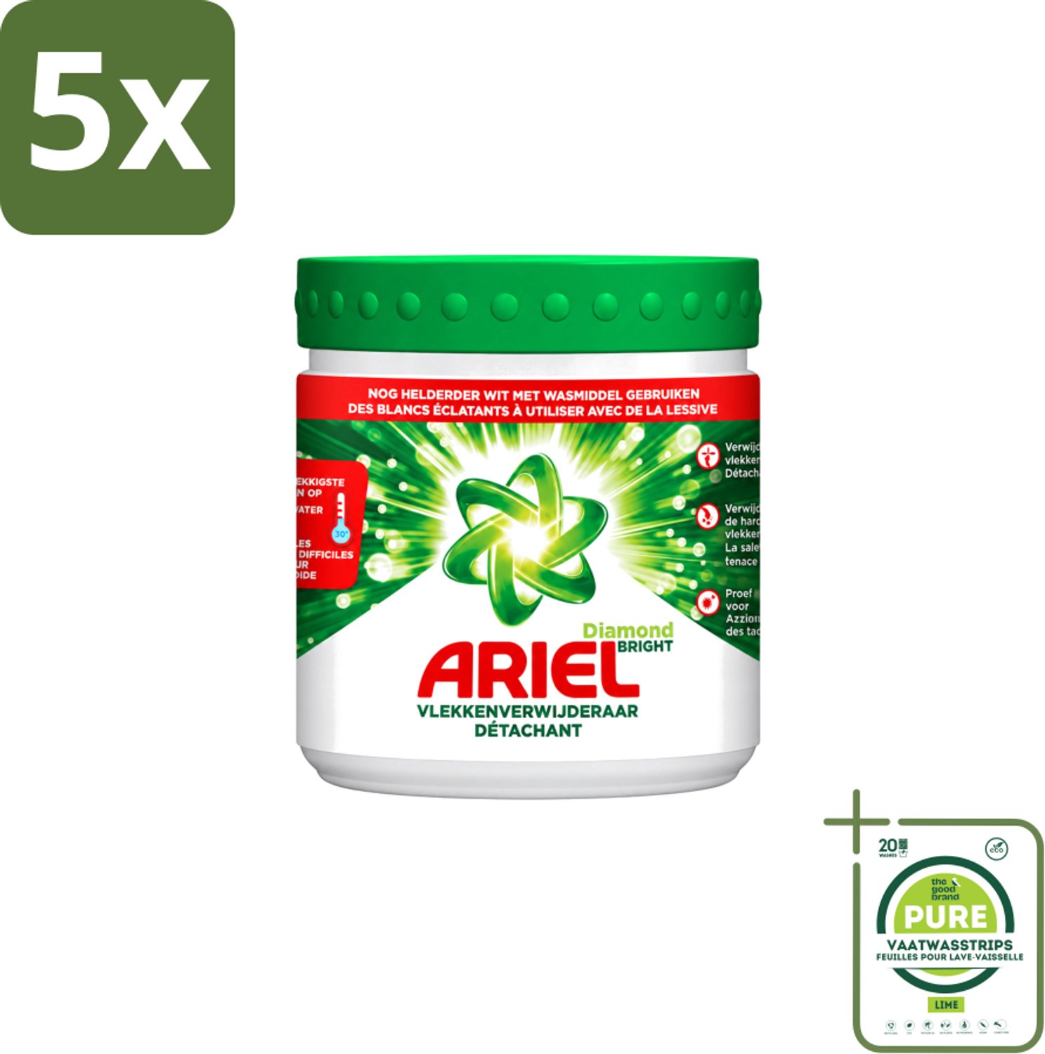 5 x Ariel Diamond Bright - Vlekverwijderaar Poeder - Witte Was - 30 Wasbeurten - Grootverpakking - Vaatwasstrips - Vlekverwijderaar - Witte Was - Koud Water - Vlekken Verwijderen - Waspoeder