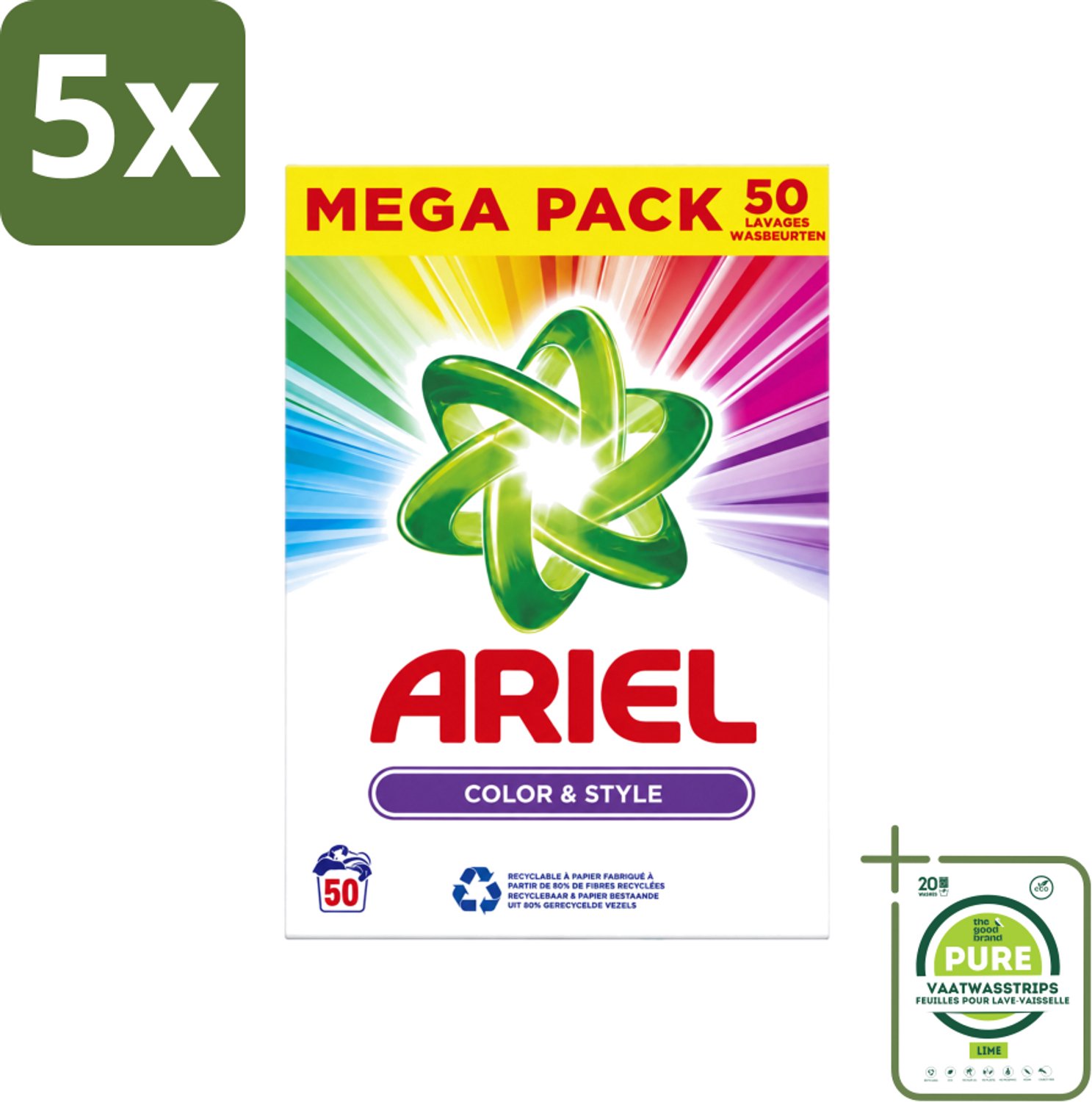 5 x Ariel Color & Style - Waspoeder - Gekleurde Was - 50 Wasbeurten - Grootverpakking - Vaatwasstrips - Kleurverzorging - Waspoeder - Wasmachine - Energiebesparing - Frisheid