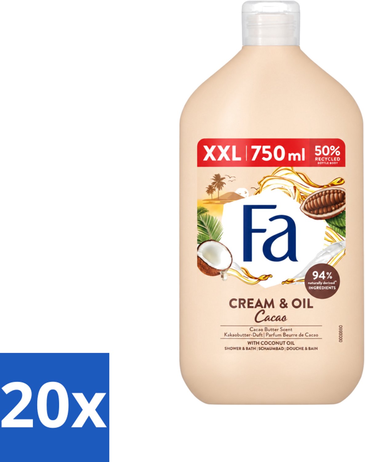 20 x Fa - Cream & Oil Cacao - Bad- & Douchegel - Cacaoboter Met Kokosolie - 750 ml - Voordeelverpakking - 20 stuks