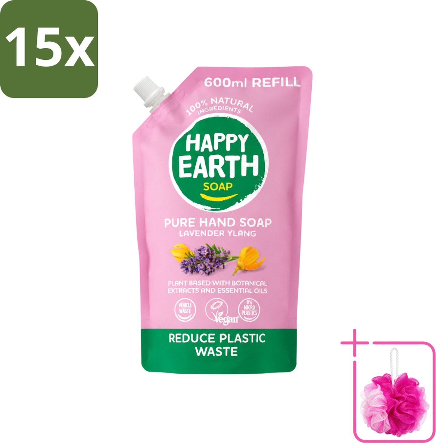 15 x Happy Earth – Handzeep Navulling – 100% Natuurlijk Lavender Ylang – 600 ml - Bulkverpakking - Natuurlijke handzeep - Douchemop - Navulverpakking