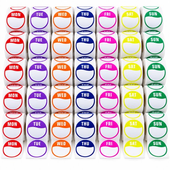 Overzicht van 35 rollen met ronde, kleurgecodeerde dagstickers voor de hele week.