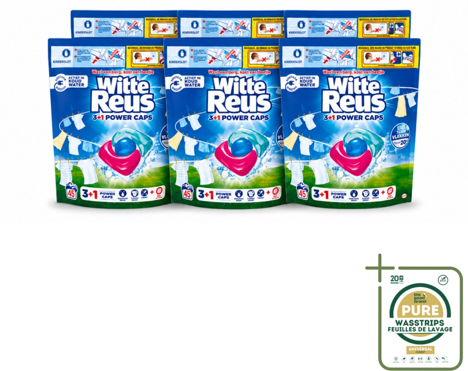 6 x Witte Reus - 3+1 Power Caps - Witte Was - 45 Wasbeurten - Wasstrips - Wasmiddel - Witte Was - Wascapsule - 3-in-1 Wasmiddel - Vlekverwijdering