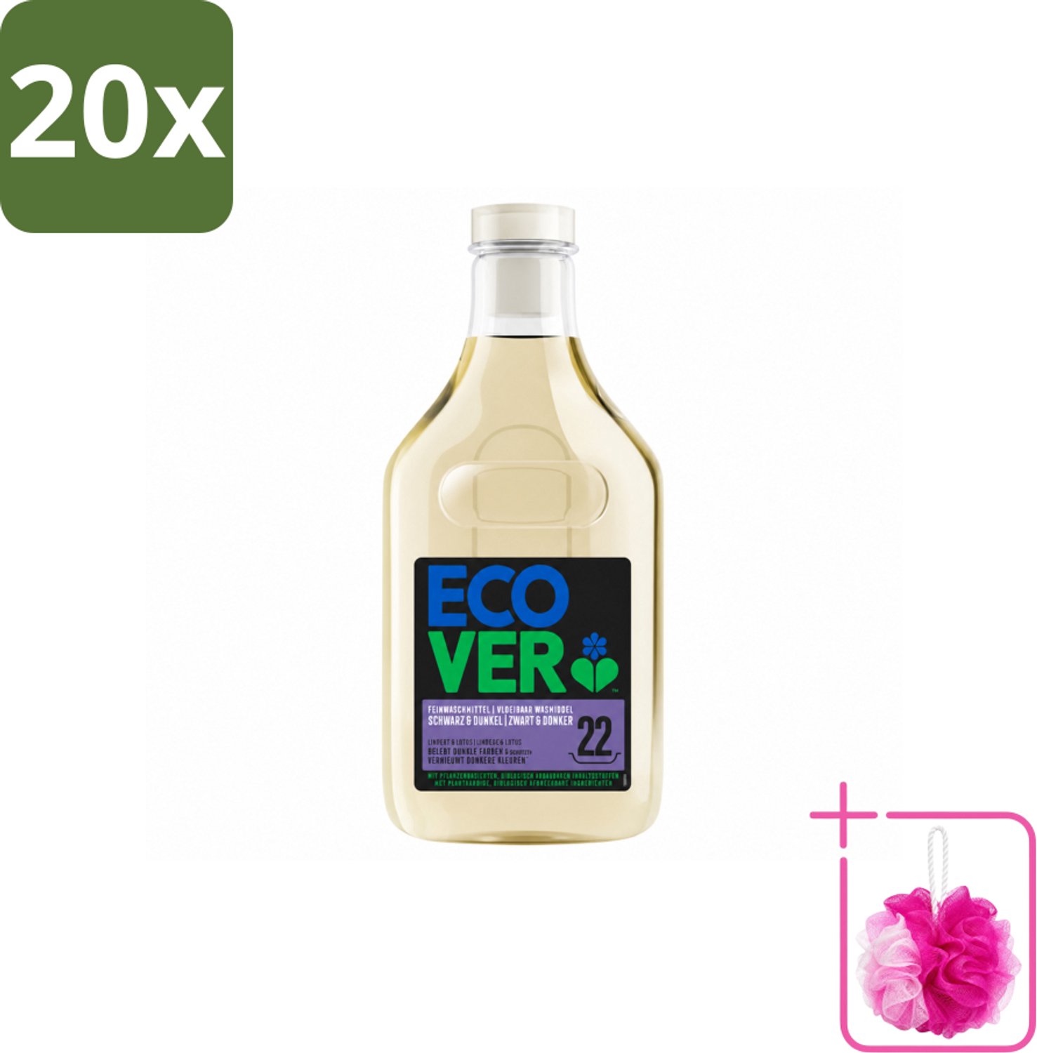 20 x Ecover - Vloeibaar wasmiddel - Zwart & Donker - 1 liter - 22 wasbeurten - Bulkverpakking - Donker wasmiddel - Douchemop - Kleurbehoud