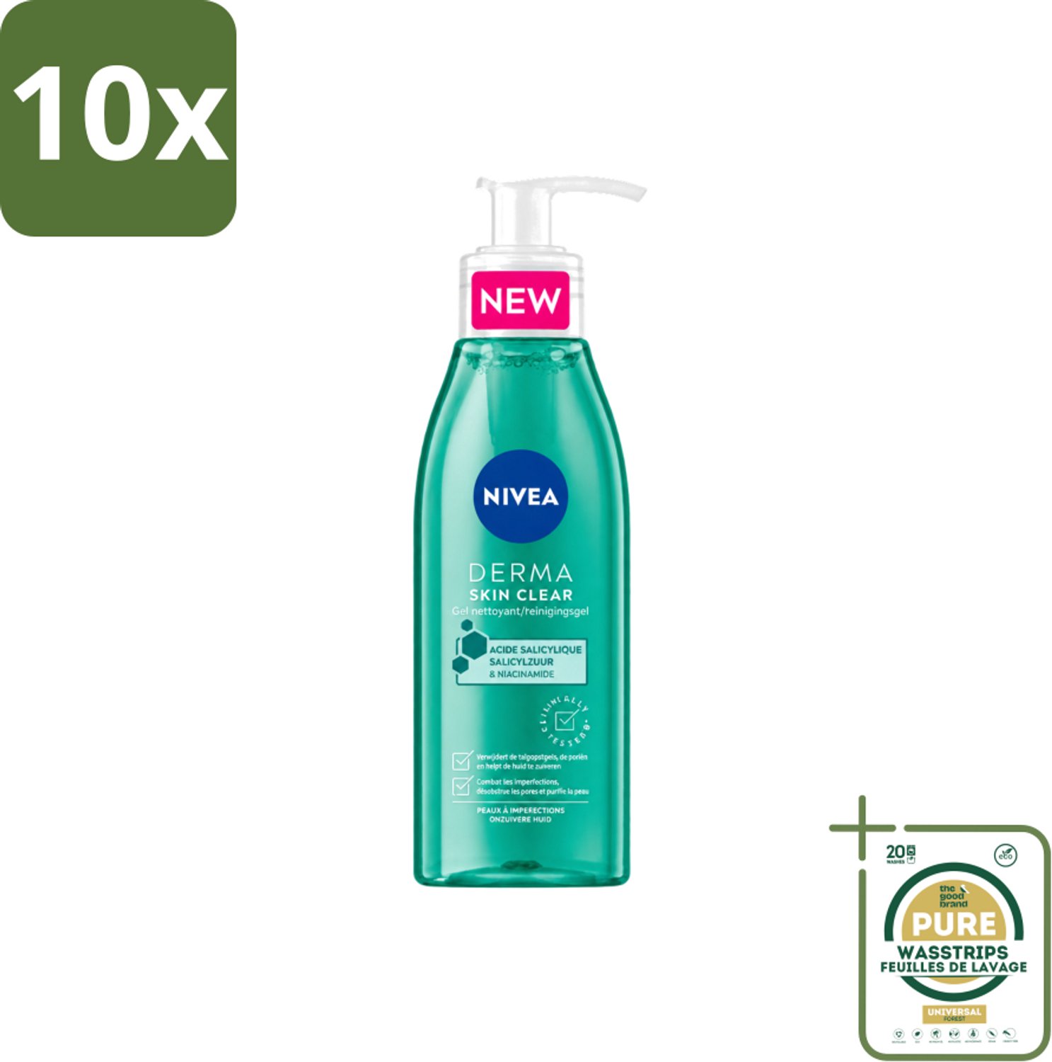 10 x NIVEA - Reinigingsgel - DERMA Huidzuiver - Voor onzuivere huid - Met Salicylzuur (AHA) & Niacinamide - Tegen Acne & Mee-eters - 150 ml - Wasstrips - Gezichtsreiniger - Acne - Puistjes - Onzuivere Huid - Salicylzuur