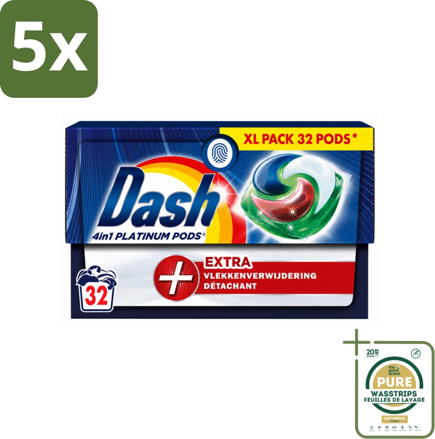 5 x Dash - 4in1 Pods +Extra Vlekkenverwijderaar - Wasmiddelcapsules - Intensieve Reiniging - 32 Wasbeurten - Wasstrips - Wasmiddel - Wascapsules - Vlekkenverwijderaar - Intensieve Was - 4 In 1 Wasmiddel