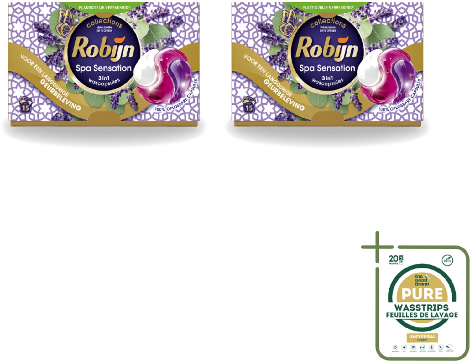 2 x Robijn - 3-in-1 Spa Sensation - Wascapsules - 15 Wasbeurten - Wasstrips - 3-in-1 Wascapsules - Wasmiddel Voor Gekleurde Was - Geur Voor Was - Wascapsules Spa Sensation - Biologisch Afbreekbare Wasmiddel