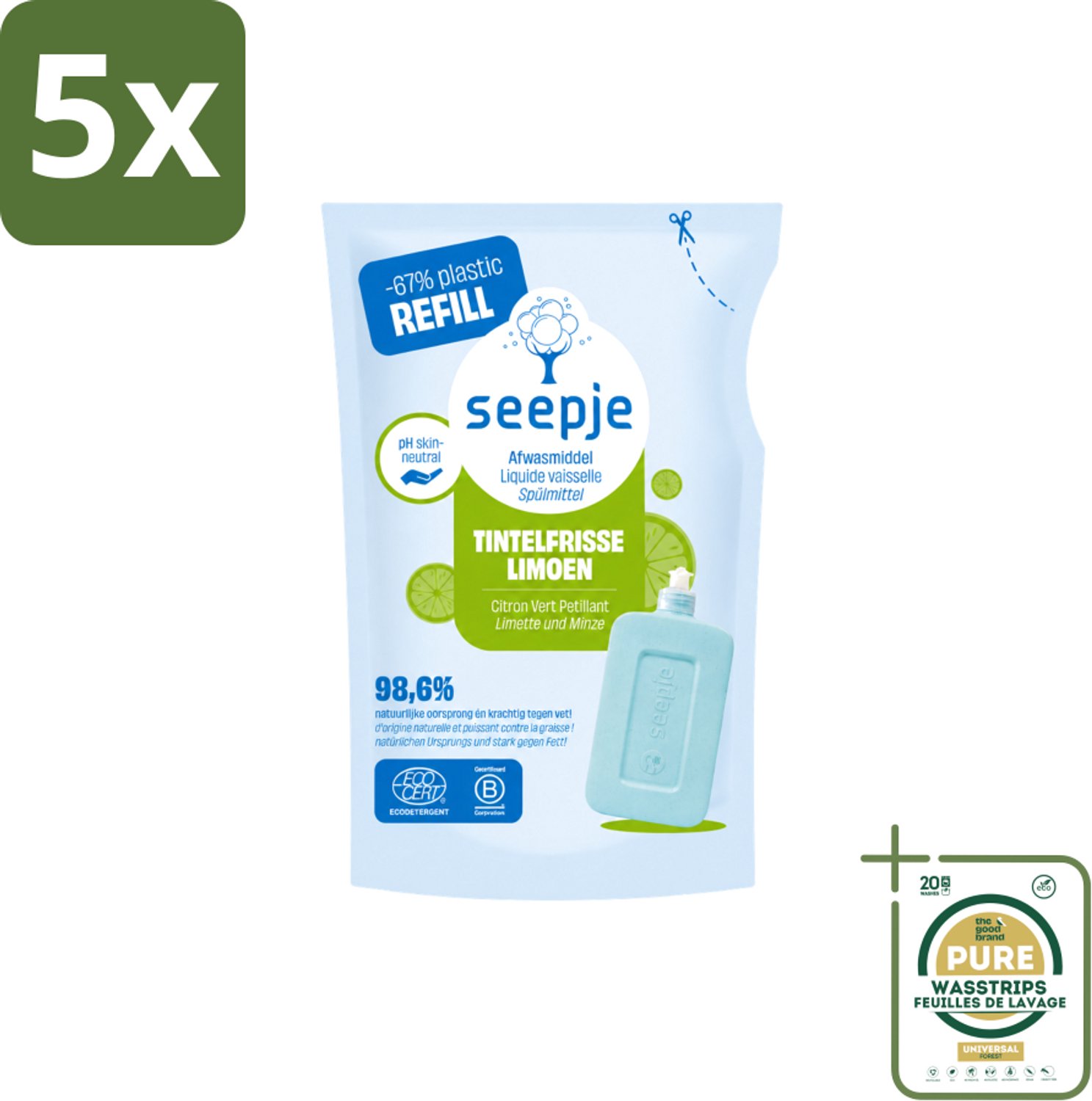 5 x Seepje - Afwasmiddel - Duurzaam & Herbruikbaar - Re-fill - Tintelfrisse Limoen Geur - 500 ml - Wasstrips - Afwasmiddel - Duurzaam Afwasmiddel - Refill Afwasmiddel - Limoengeur - Milieuvriendelijk Afwasmiddel