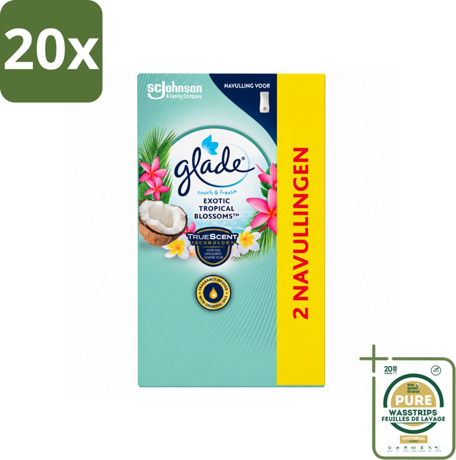 20 x Glade - Touch & Fresh - Exotic Tropical Blossoms - 2x 10 ml - Wasstrips - Luchtverfrisser - Geur - Geurbeleving - Frisheid - Geur In Huis