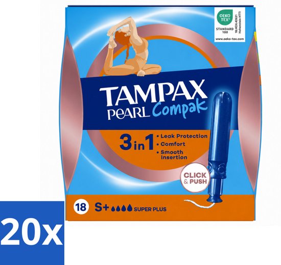 Tampax 20 x – Tampons – Pearl Compak Super Plus met Inbrenghuls – 18 Tampons - - 20 - 18 stuks