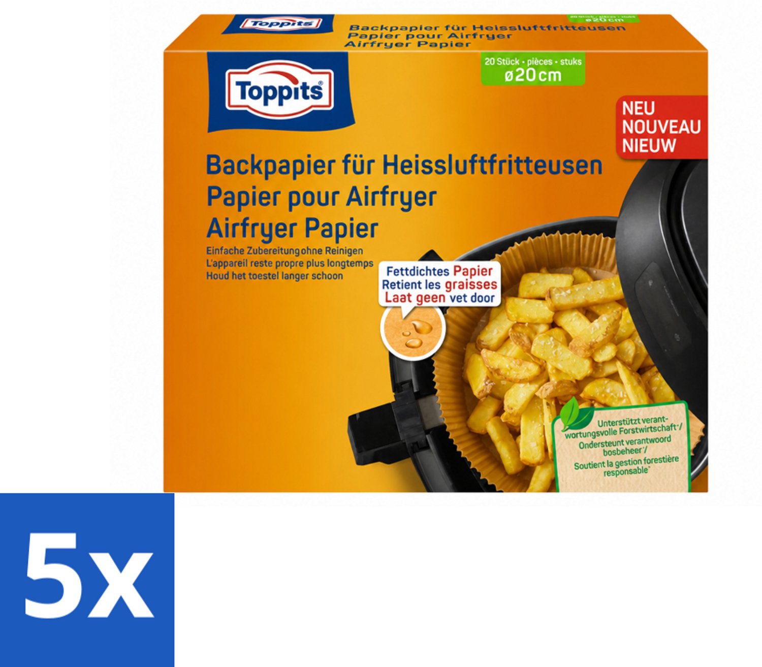5 x Toppits – Airfryer Papier – 20 cm – 20 Zakjes - Voordeelverpakking - 5 stuks