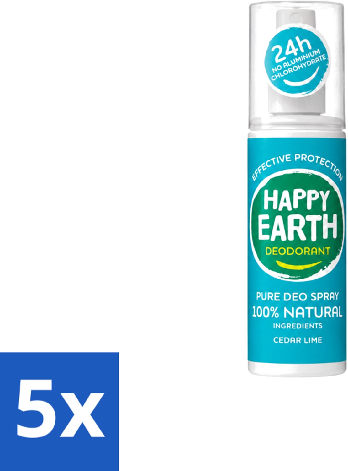 5 x Happy Earth – Deodorant Spray – 100% Natuurlijk Cedar Lime – 100 ml - Voordeelverpakking - 5 stuks