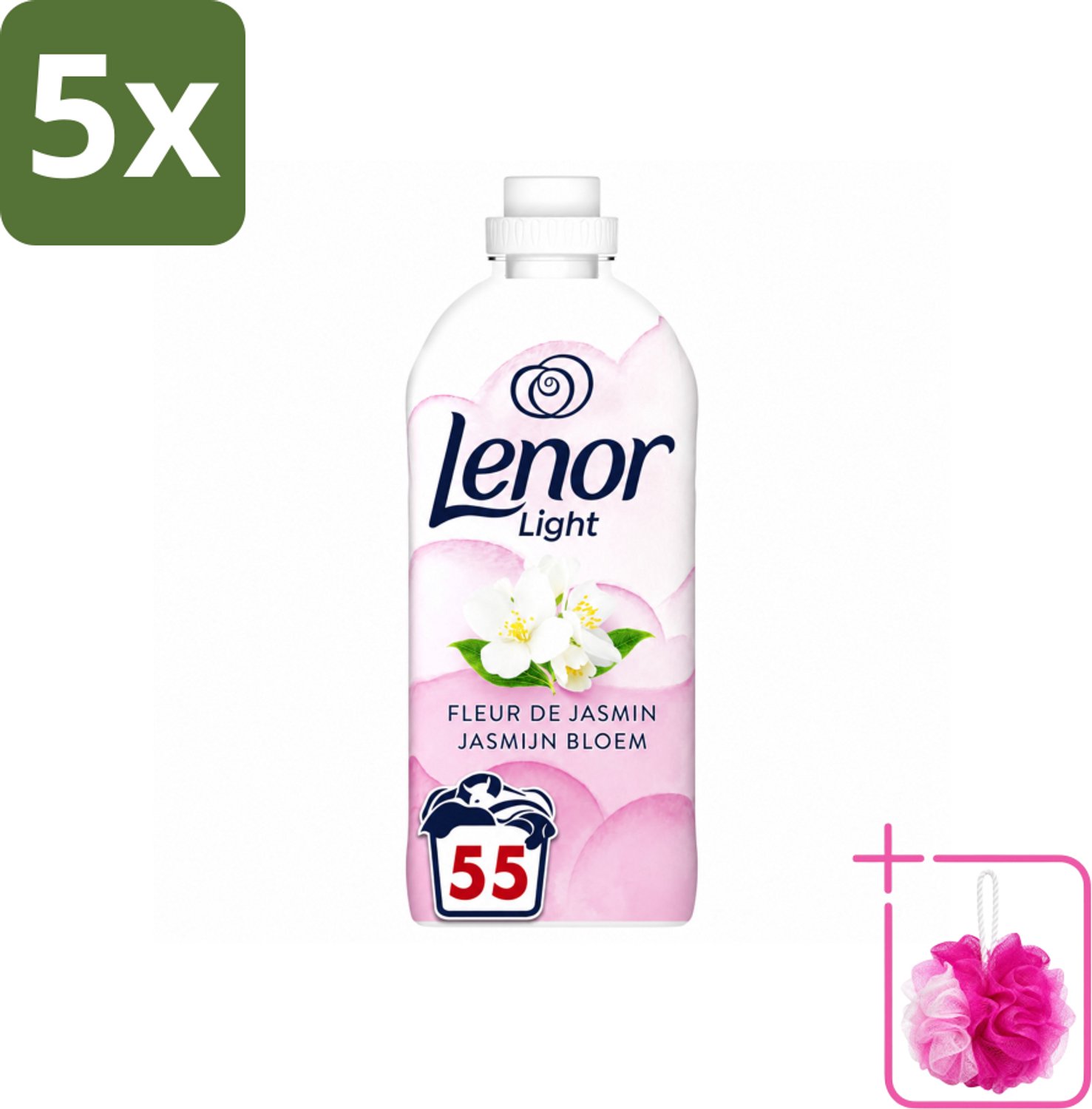 5 x Lenor Light - Wasverzachter - Jasmijnbloem - Fris & Zacht - 55 Wasbeurten - Bulkverpakking - Wasverzachter - Douchemop - Jasmijn