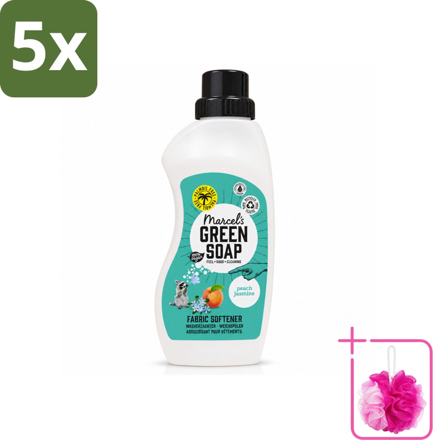 5 x Marcel's Green Soap - Wasverzachter - Perzik & Jasmijn - Zachte frisheid - 30 Wasbeurten - 750 ml - Bulkverpakking - Wasverzachter - Douchemop - Wasmiddel