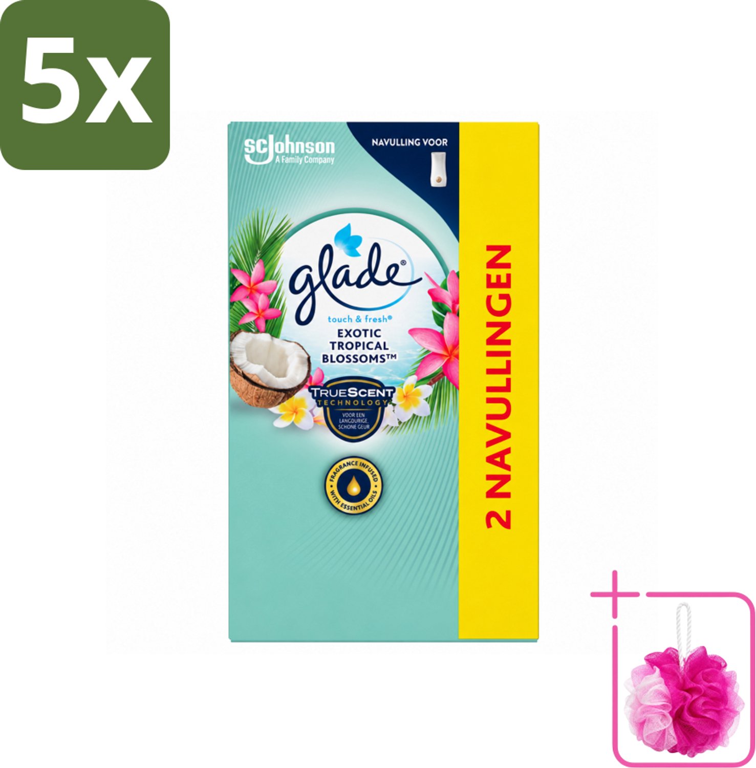 5 x Glade - Touch & Fresh - Exotic Tropical Blossoms - 2x 10 ml - Bulkverpakking - Geur - Douchemop - Frisheid