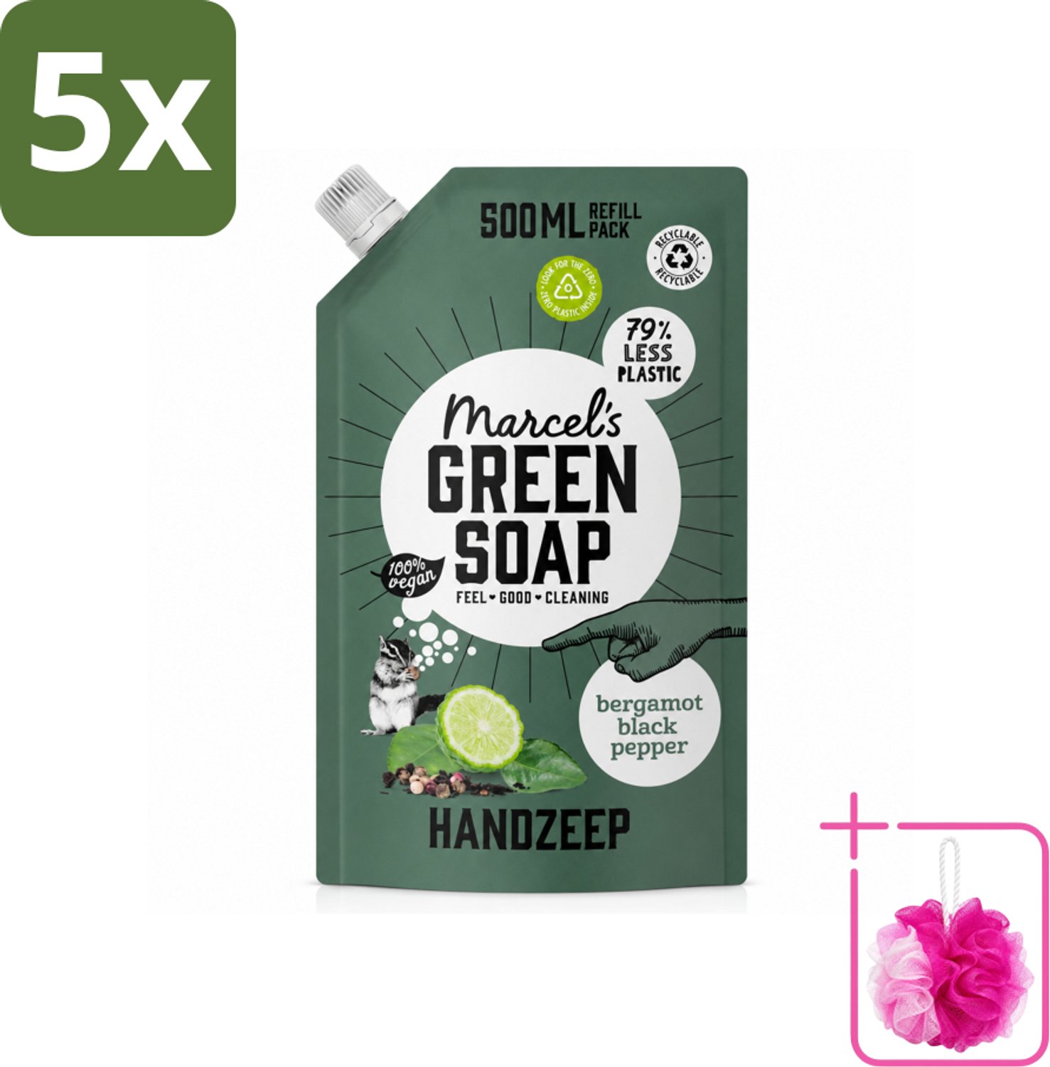5 x Marcel's Green Soap - Handzeep - Bergamot & Black Pepper - Natuurlijke verzorging - 500 ml - Bulkverpakking - Handzeep navulling - Douchemop - Biologisch afbreekbaar