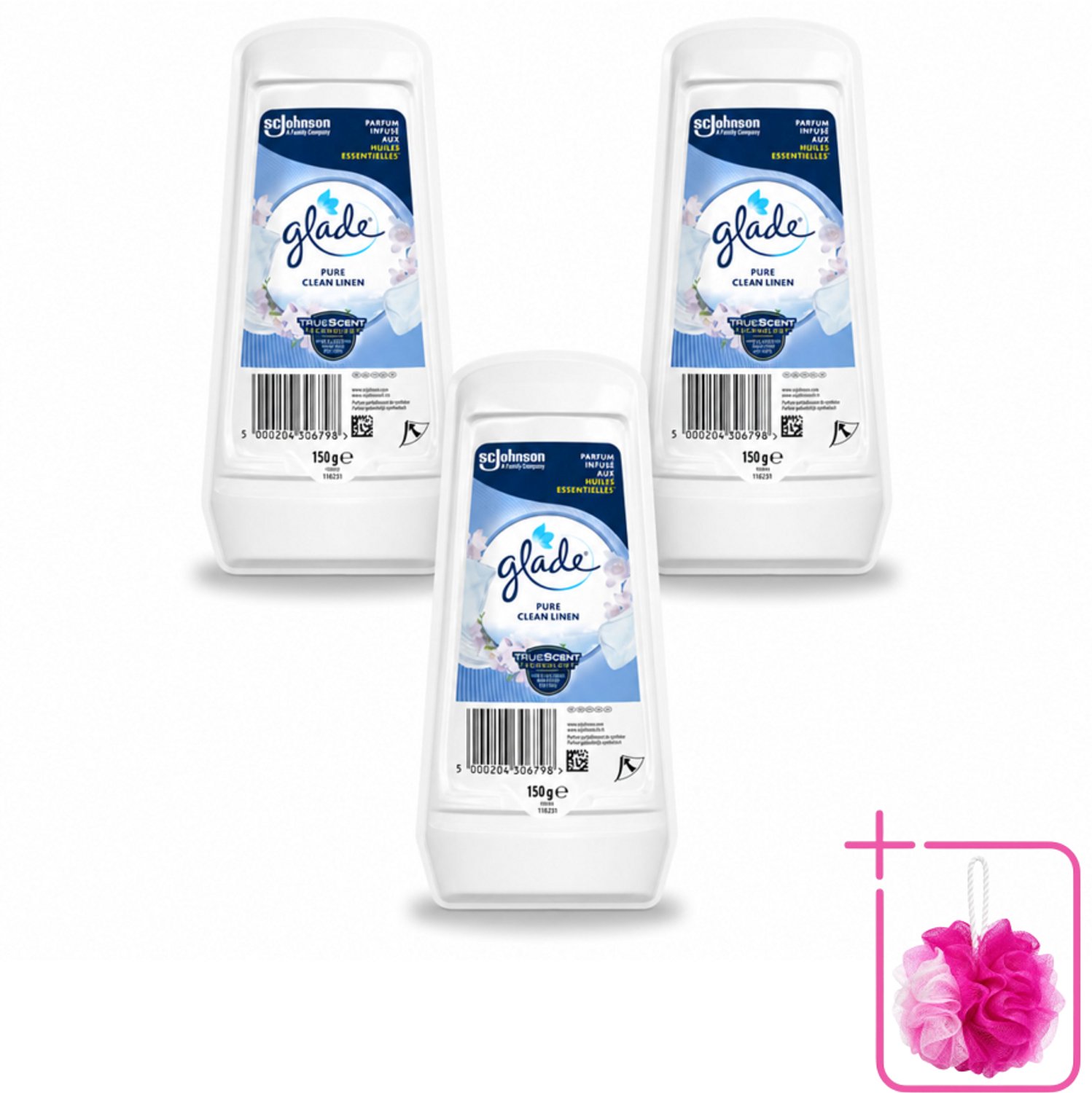 3 x Glade - Gel - Pure Clean Linen - 150 g - Bulkverpakking - Luchtverfrisser - Douchemop - Linnengeur