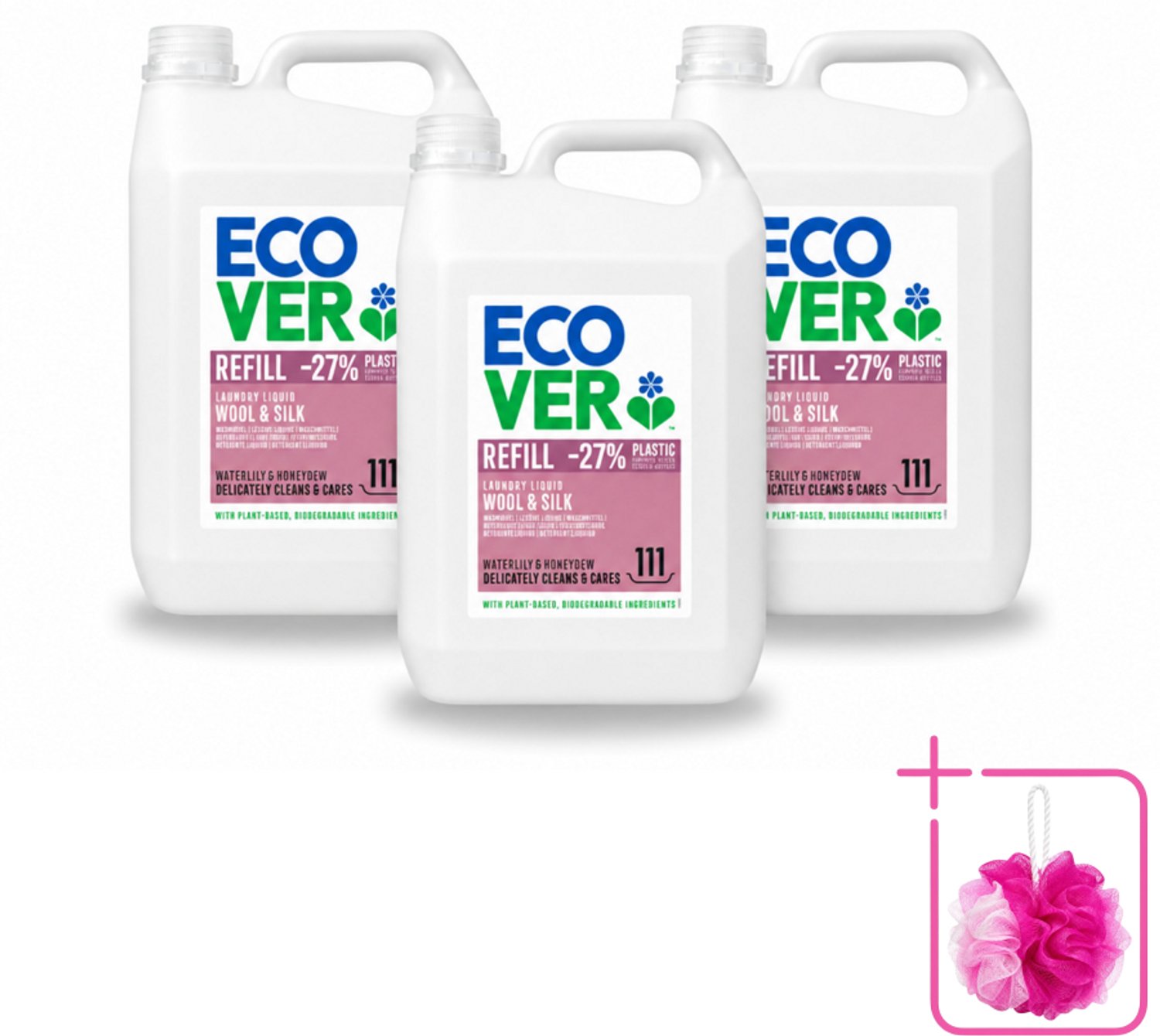 3 x Ecover - Vloeibaar wasmiddel - Wol & Fijnwas - Waterlelie & Honingmeloen - 5 liter - 111 wasbeurten - Bulkverpakking - Fijnwas - Douchemop - Wolwas