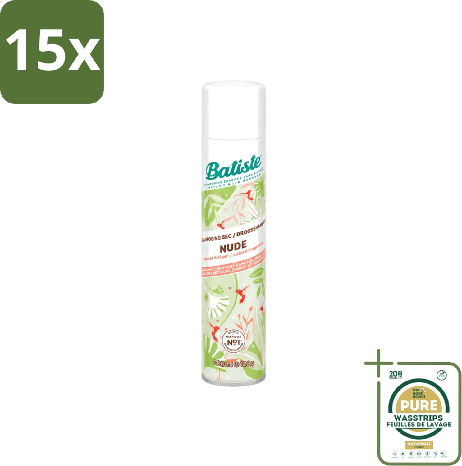 15 x Batiste - Nude - Droogshampoo - Frisse Look - Volume en Textuur - 200ml - Wasstrips - Droogshampoo - Fris Haar - Droog Haar - Vet Haar - Haartype
