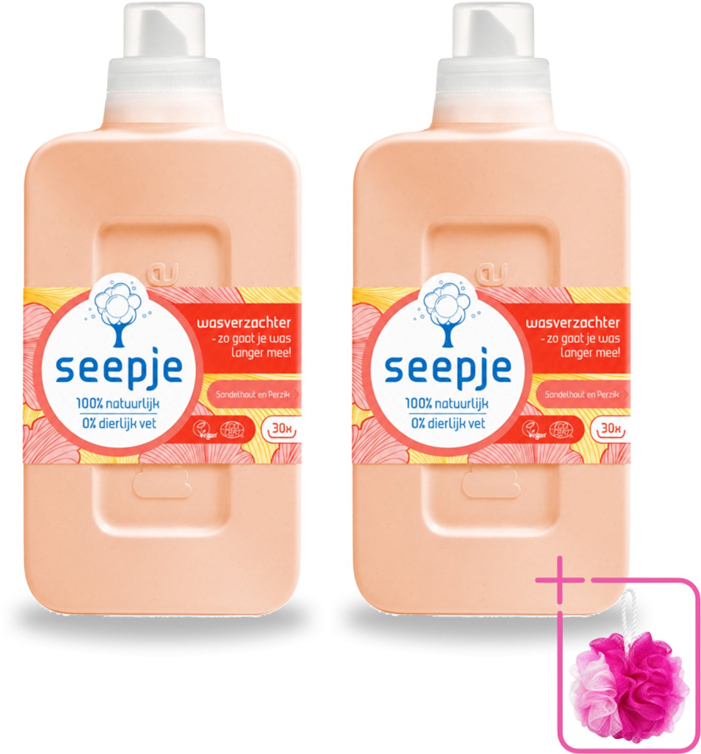 2 x Seepje - Wasverzachter - Verzorgt en Verfrist - Sandelhout en Perzik - 30 Wasbeurten - 750 ml - Bulkverpakking - Wasverzachter - Douchemop - Natuurlijke wasverzachter