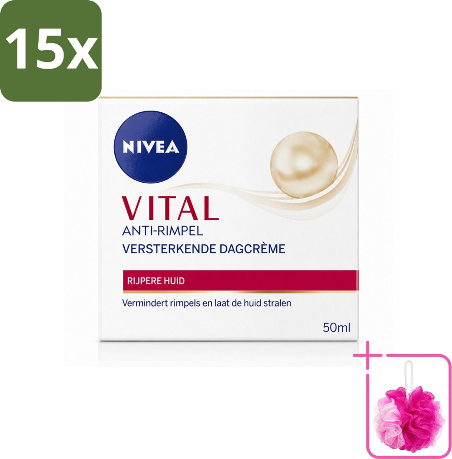 15 x NIVEA - VITAL Dagcrème - Anti-Rimpel Gezichtscrème - Versterkend - 50 ml - Bulkverpakking - Anti-rimpel crème - Douchemop - Gezichtsverzorging