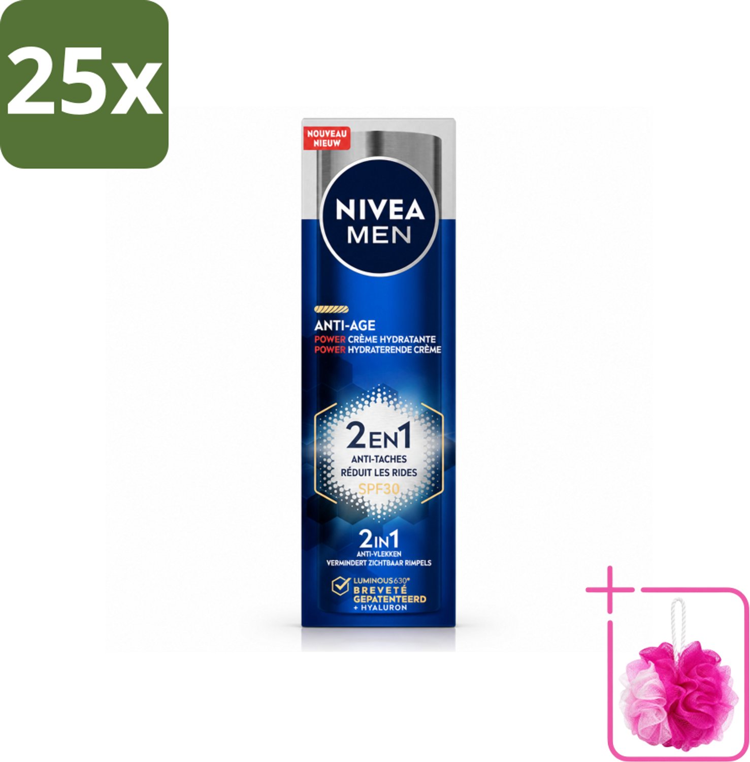 25 x NIVEA MEN - Anti-Age 2in1 Power - Hydraterende Crème Gezicht SPF 30 - 50 ml - Bulkverpakking - Anti-ouderdom - Douchemop - Hydratatie