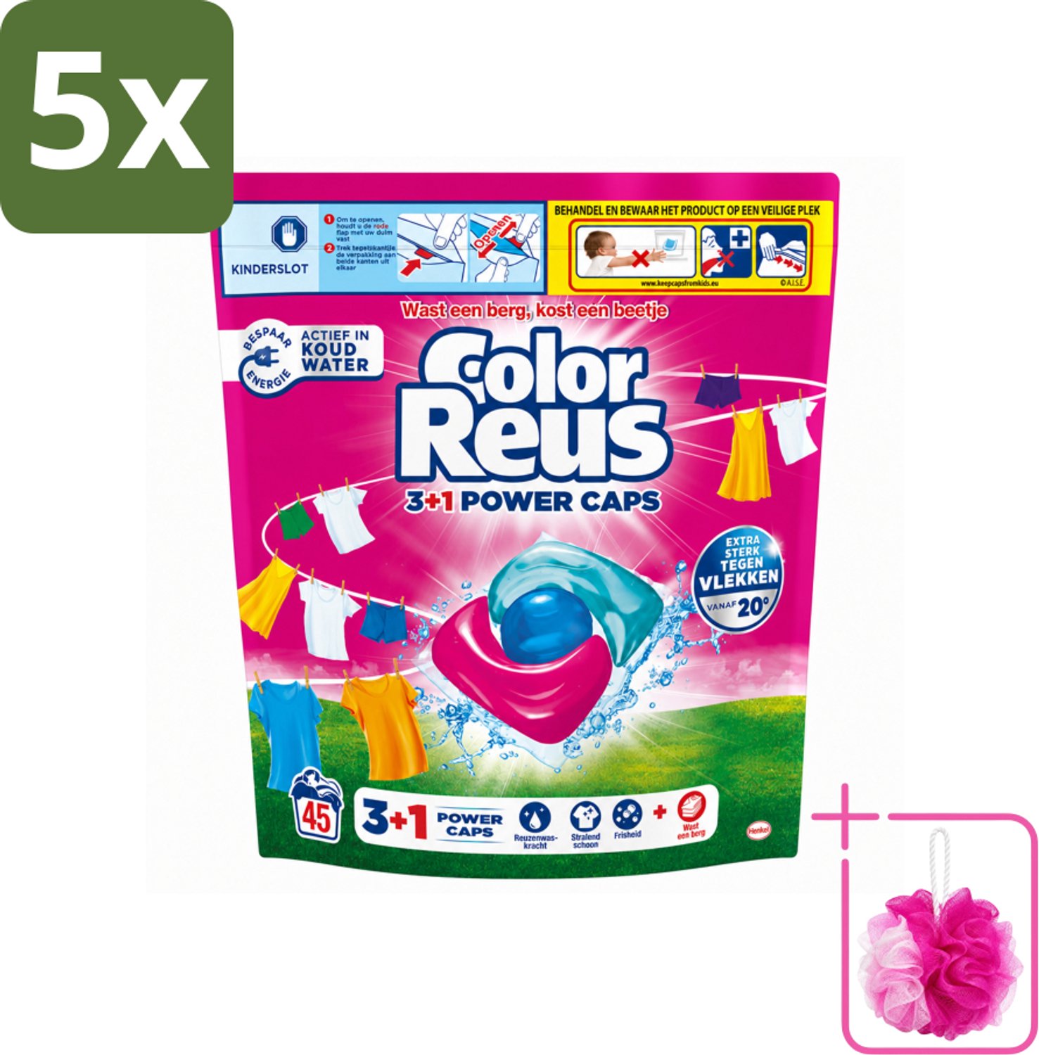 5 x Color Reus - 3+1 Power Caps - Gekleurde Was - 45 Wasbeurten - Bulkverpakking - Was capsules - Douchemop - Gekleurde was