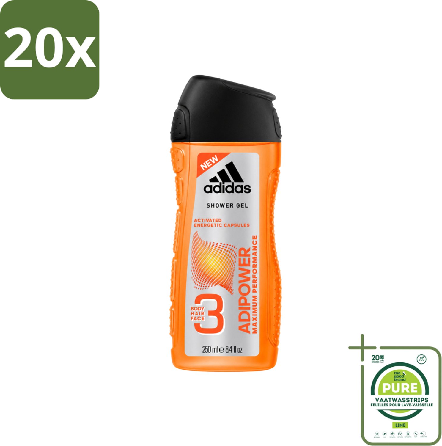 20 x Adidas - 3-in-1 Douchegel - Adipower Maximum Performance -250 ml - Grootverpakking - Vaatwasstrips - Adidas Adipower Douche En Shampoo - 2-in-1 Douche En Shampoo - Verzorgende Douche En Shampoo - Energiek En Fris Gevoel - Sportieve Geur