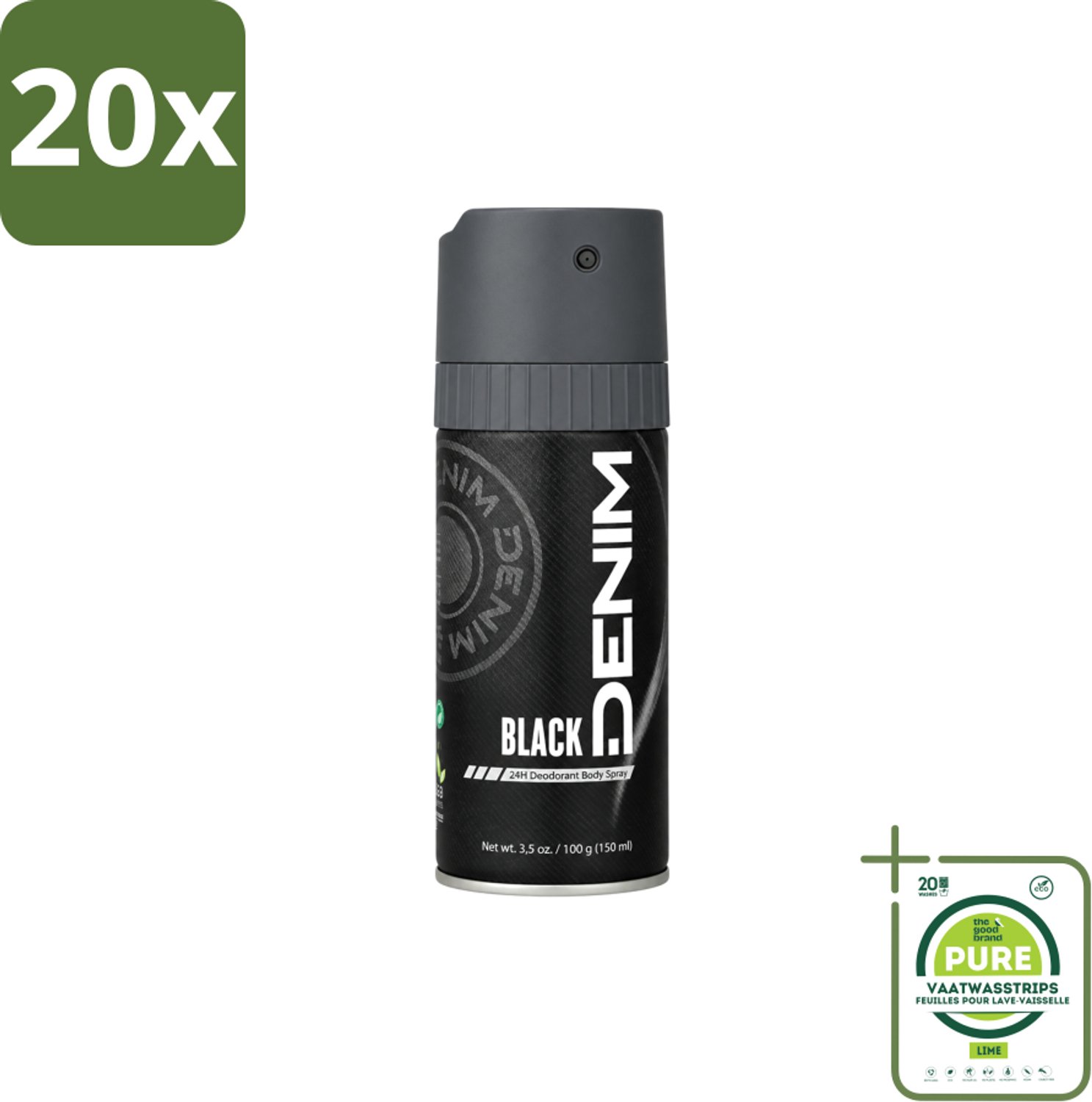 20 x Denim - Deodorant Aerosol - Black Geur - Voor Mannen - 150 ml - Grootverpakking - Vaatwasstrips - Deodorant Spray - Mannelijke Geur - Frisheid - Transpiratie - Geurcontrole
