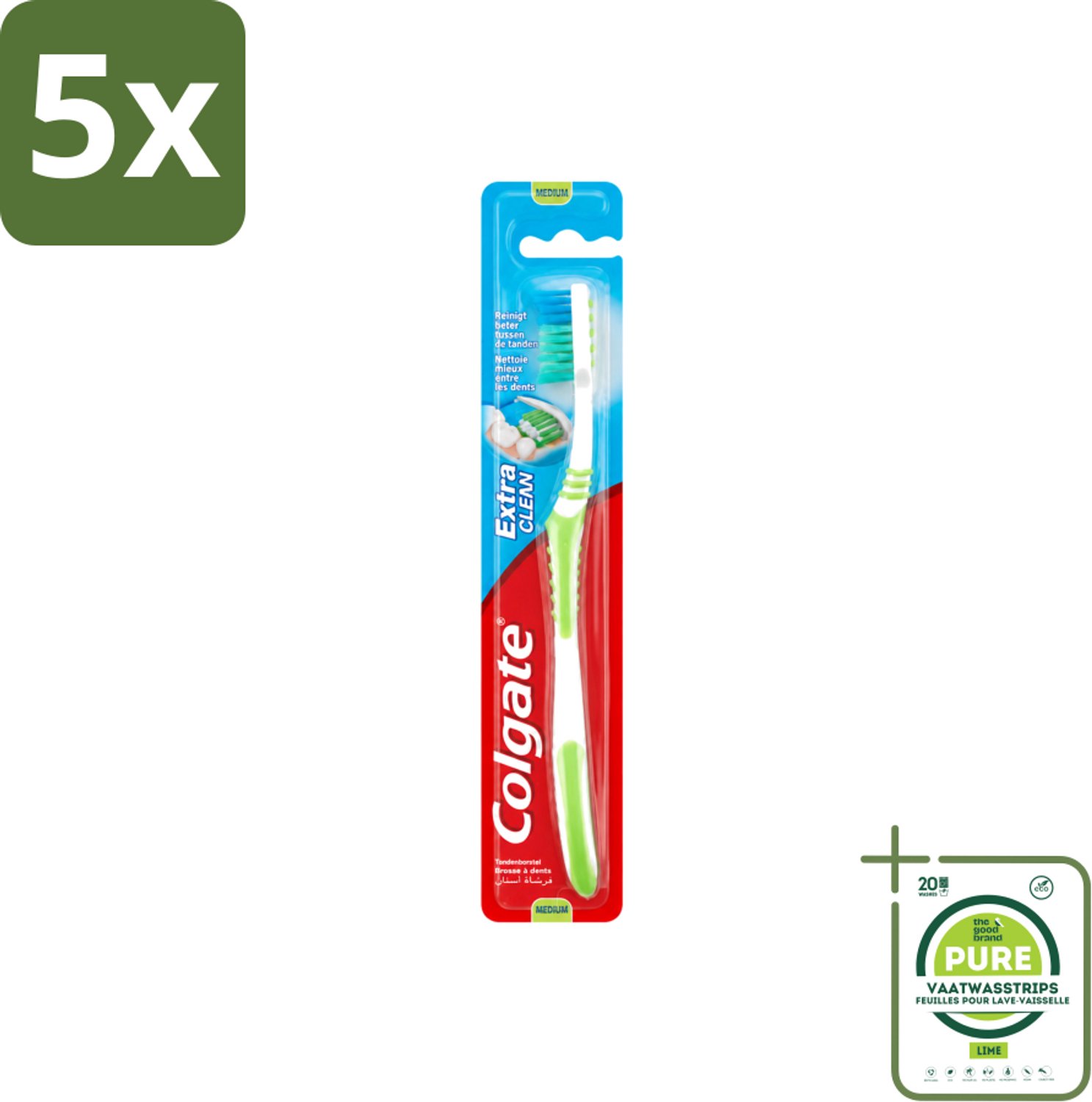 5 x Colgate - Tandenborstel - Extra Clean Medium - 1 Tandenborstel - Grootverpakking - Vaatwasstrips - Tandenborstel - Tandenpoetsen - Tandenborstel Medium - Tandenborstel Extra Clean - Tandenborstel Gebogen Kop