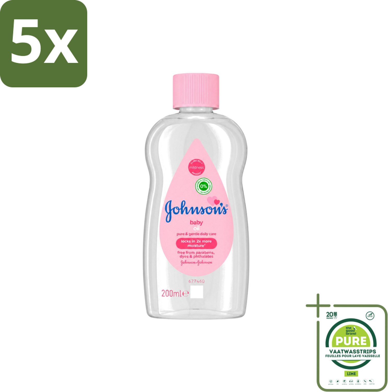 5 x Johnson's - Baby Olie - Puur & Zacht - 200 ml - Grootverpakking - Vaatwasstrips - Babyolie - Babyhuid Verzorging - Hydrateren - Zachte Huid - Baden
