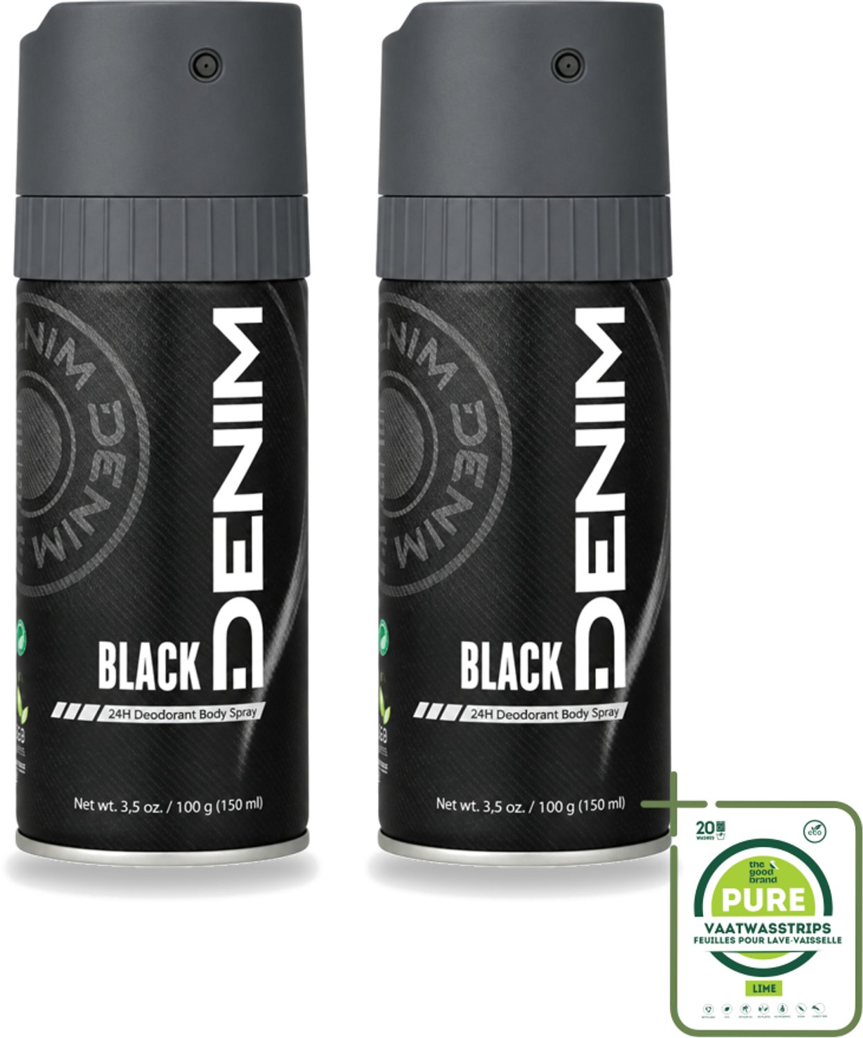 2 x Denim - Deodorant Aerosol - Black Geur - Voor Mannen - 150 ml - Grootverpakking - Vaatwasstrips - Deodorant Spray - Mannelijke Geur - Frisheid - Transpiratie - Geurcontrole