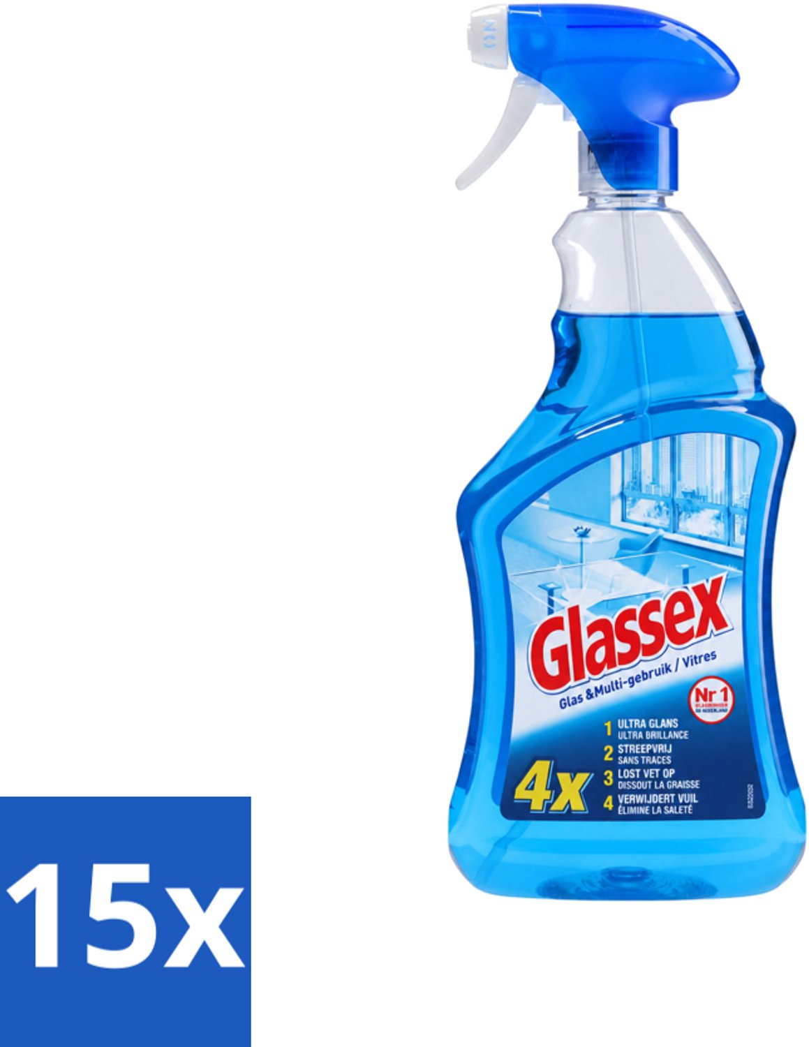 15 x Glassex - Glas & Multi Schoonmaak Spray - Voor Stralend Glas & Vlekken - 750 ml - Voordeelverpakking - 15 stuks