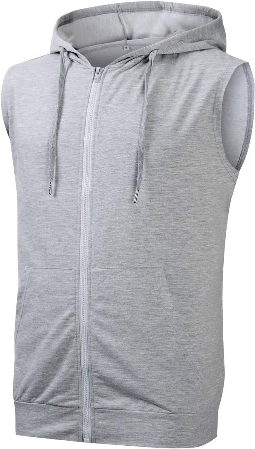Sweatshirt voor heren met ritssluiting en capuchon, mouwloos, fitnessstudio, bodybuilding, vest met zakken