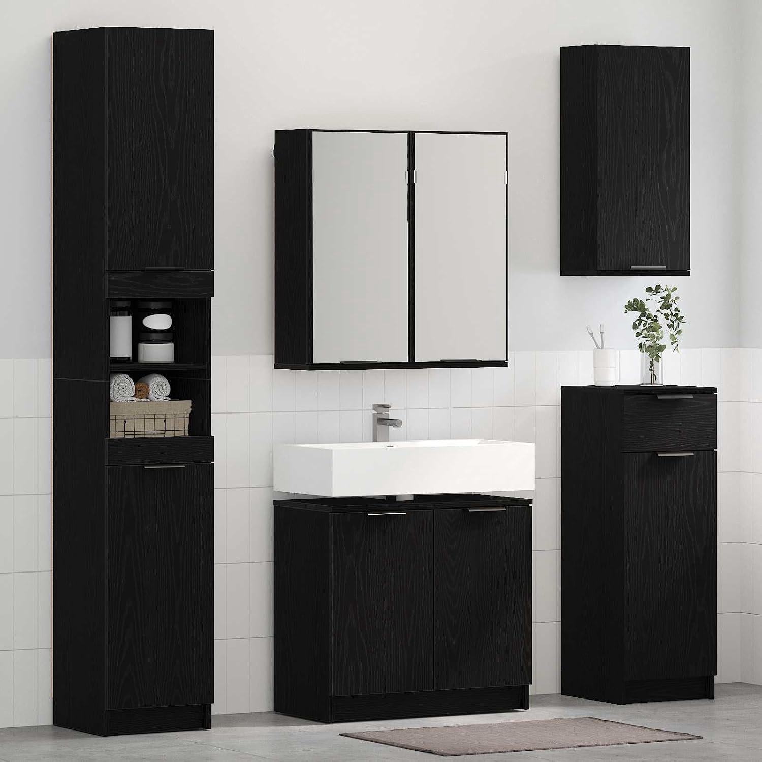 Badkamerkast set 5 stuks zwart eiken look houtmateriaal