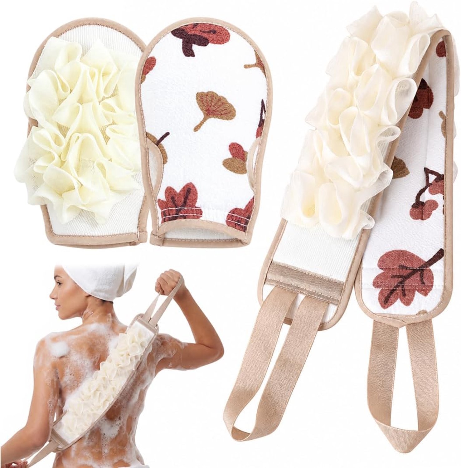 2 peelinghandschoenen + rayon-rugband, koffiebruin voor douche-/massage