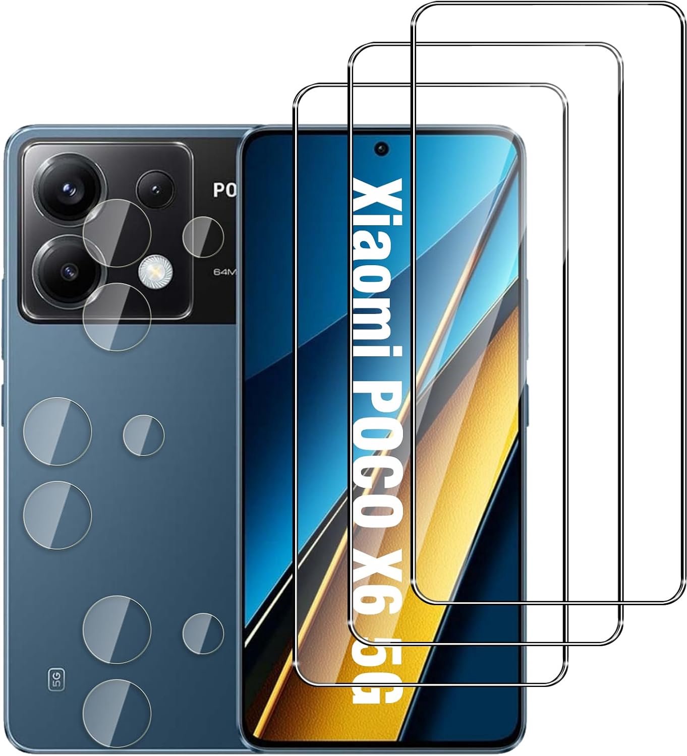 （3+3 Stuks）Tempered Glas Screen protector voor Xiaomi POCO X6 5G，Anti-Kras，9H Hardheid，Volledige Dekking，Gemakkelijk Aan te Brengen，Hydrofobe & Olieafstotende Laag，Hooghelder