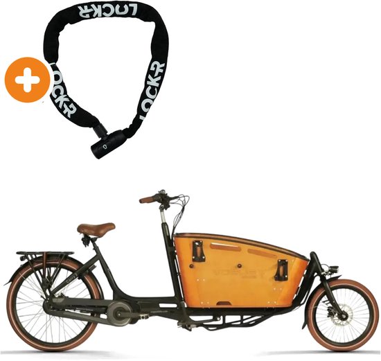 Zwarte Vogue Carry 2 bakfiets met houten bak, bruin zadel en LOCKR-kettingslot.