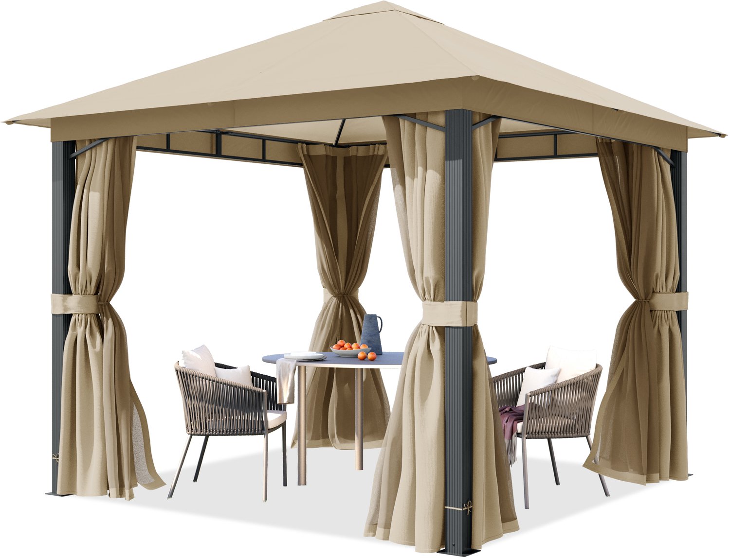 TOOLPORT Tuinpaviljoen 3x3 m, aluminium palen, dakdoek ca. 220 g/m², taupe- met zijwanden en muggennetten