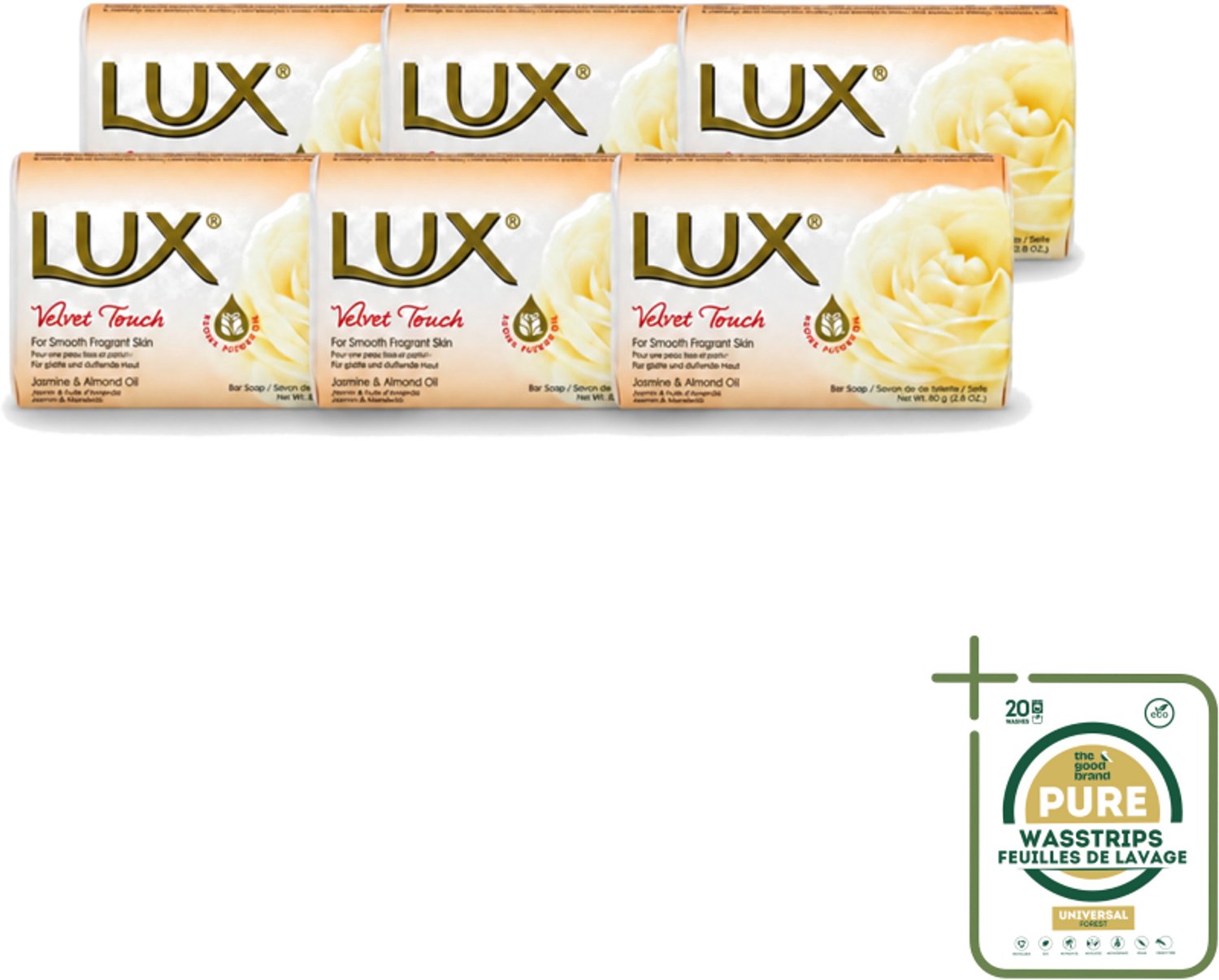 6 x Lux - Zeep - Velvet Touch - Hydraterend - Voor Geurige Huid - 80 g - Wasstrips - Zeep - Hydraterende Zeep - Zijdezachte Zeep - Geurende Zeep - Huidverzorging