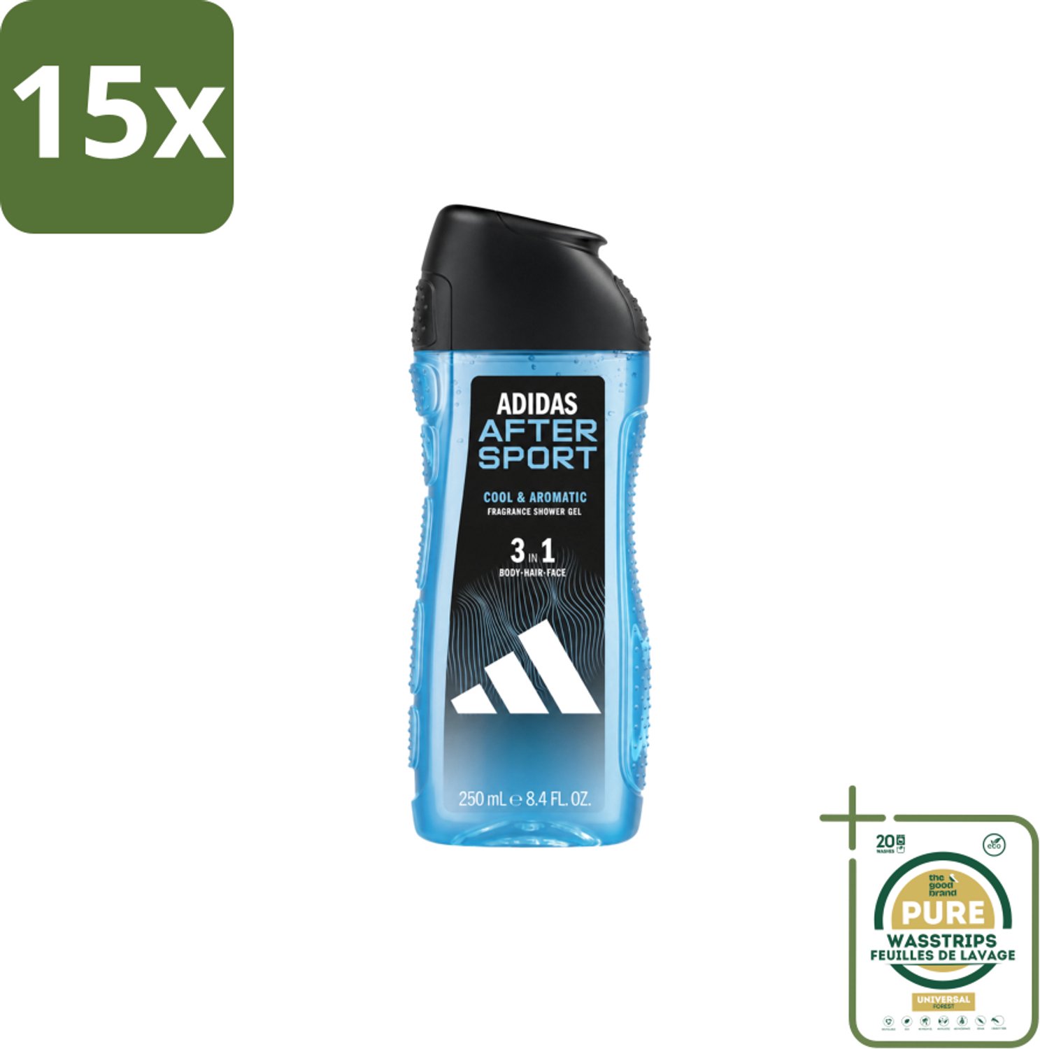 15 x Adidas – Douche & Shampoo – Men After Sport – 250 ml - Wasstrips - Douchegel En Shampoo - Sport Na Sport - Verkoelend Effect - Menthol - Zweet Verwijderen