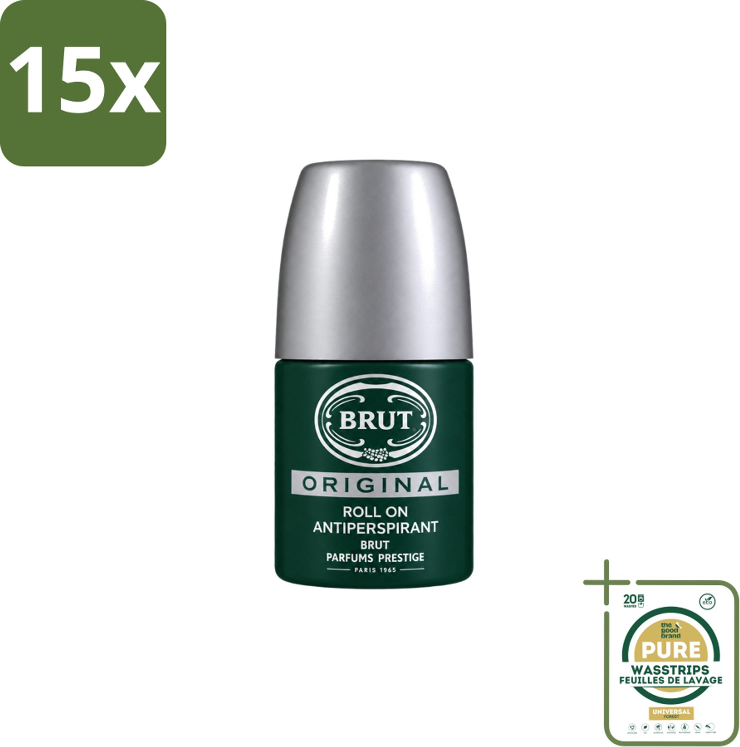 15 x Brut – Deodorant Roll-On – Original – Glas – 50 ml - Wasstrips - Deodorant Roll-on Mannen - Zweetgeur Bestrijding - Brut Original Geur - Klassieke Deodorant - Fris Gevoel