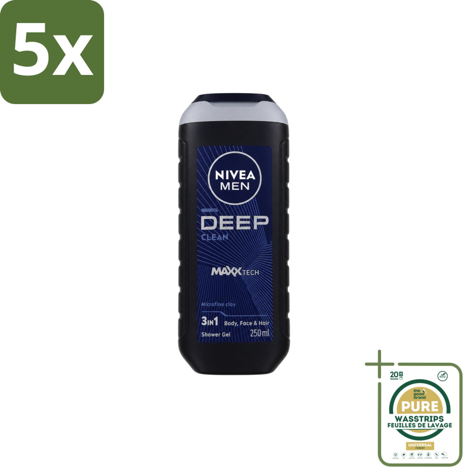5 x Nivea Men – Douchegel – Deep Clean – 250 ml - Wasstrips - Douchegel - Diepe Reiniging - Microfijne Klei - Huid Reinigen - Haar Reinigen